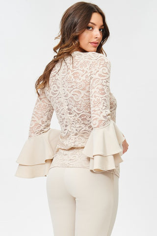 Cream Lace Layered Bell Sleeve Top