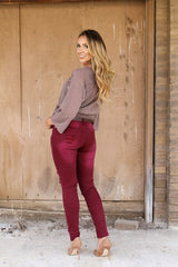 Plus Size Burgundy Lace Knee Jeans