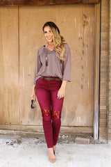 Plus Size Burgundy Lace Knee Jeans