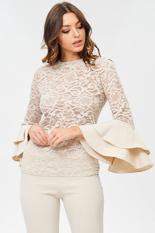 Cream Lace Layered Bell Sleeve Top