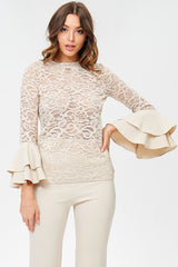 Cream Lace Layered Bell Sleeve Top